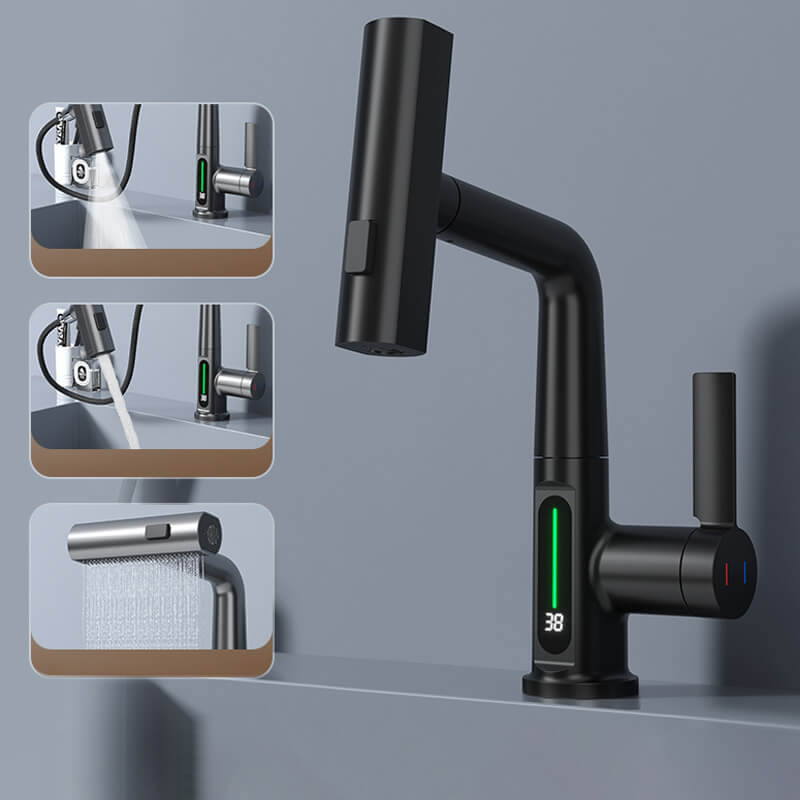 Flexibler Küchen-Wasserhahn mit LED-Temperaturanzeige & Ausziehbrause, modern & energiesparend.