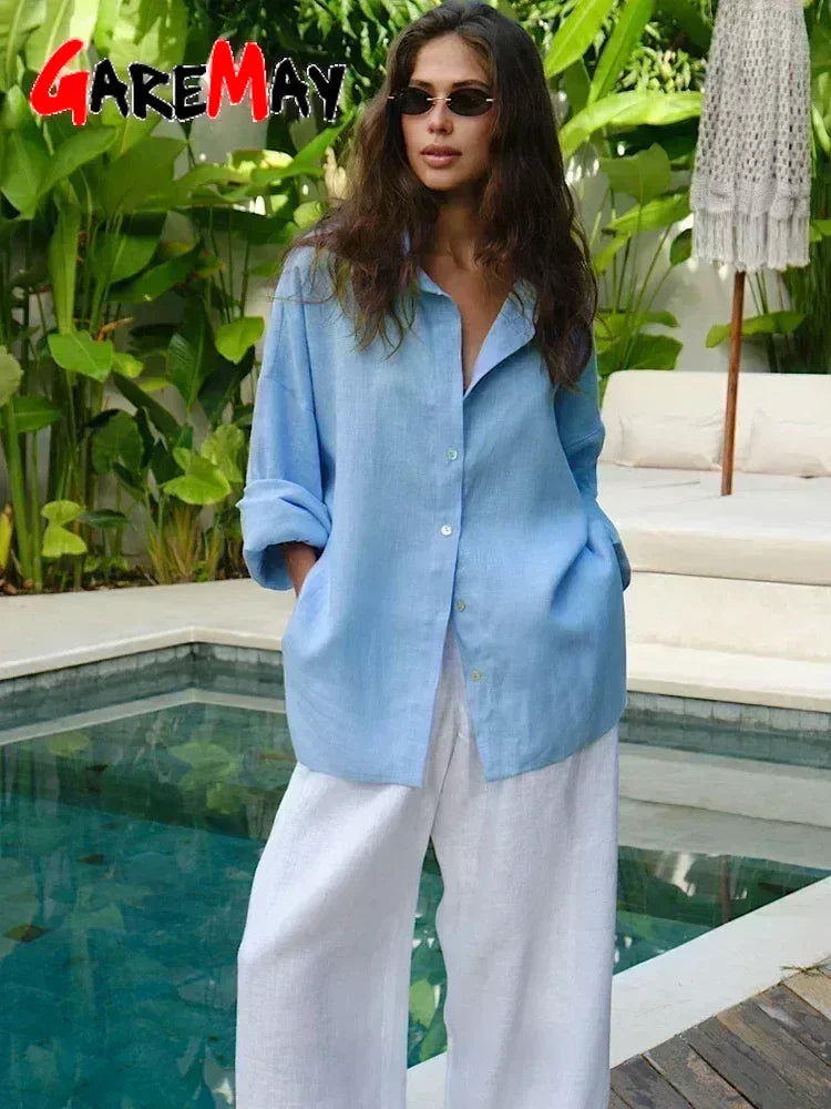Luftige Damen Oversize Bluse Violetta in Weiß mit eleganter Knopfleiste. Komfortable Sommerbluse.