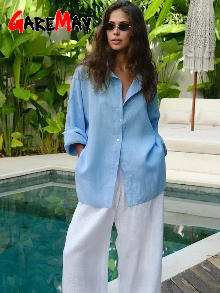 Luftige Damen Oversize Bluse Violetta in Weiß mit eleganter Knopfleiste. Komfortable Sommerbluse.