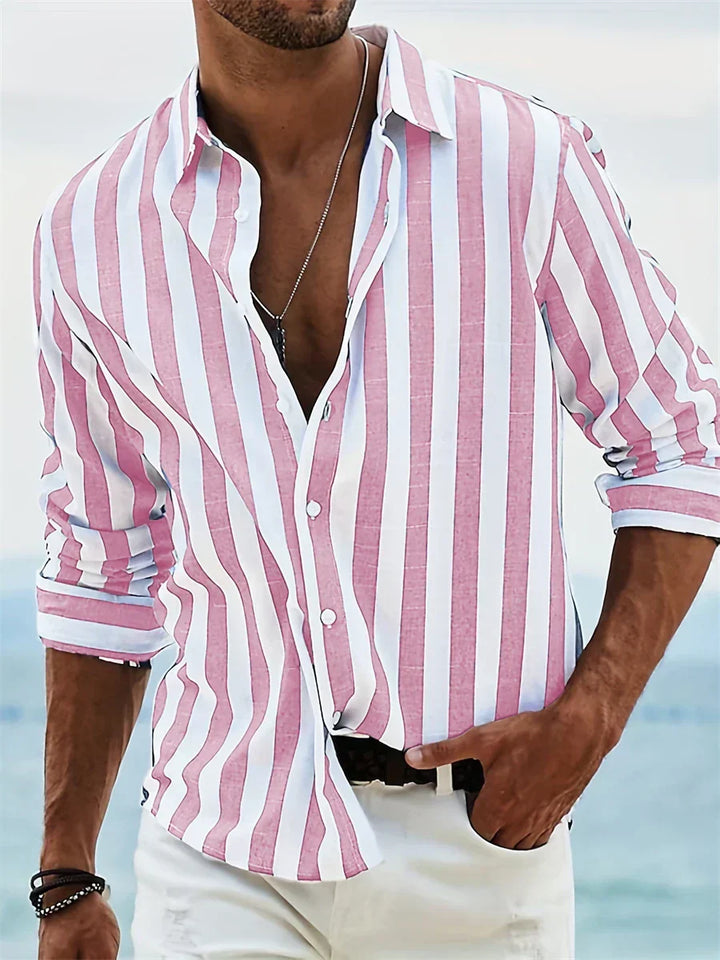 Atmungsaktives Herrenhemd gestreift, Button-Down-Design, leicht und modisch, ideal für Sommer, Freizeit und Strand.