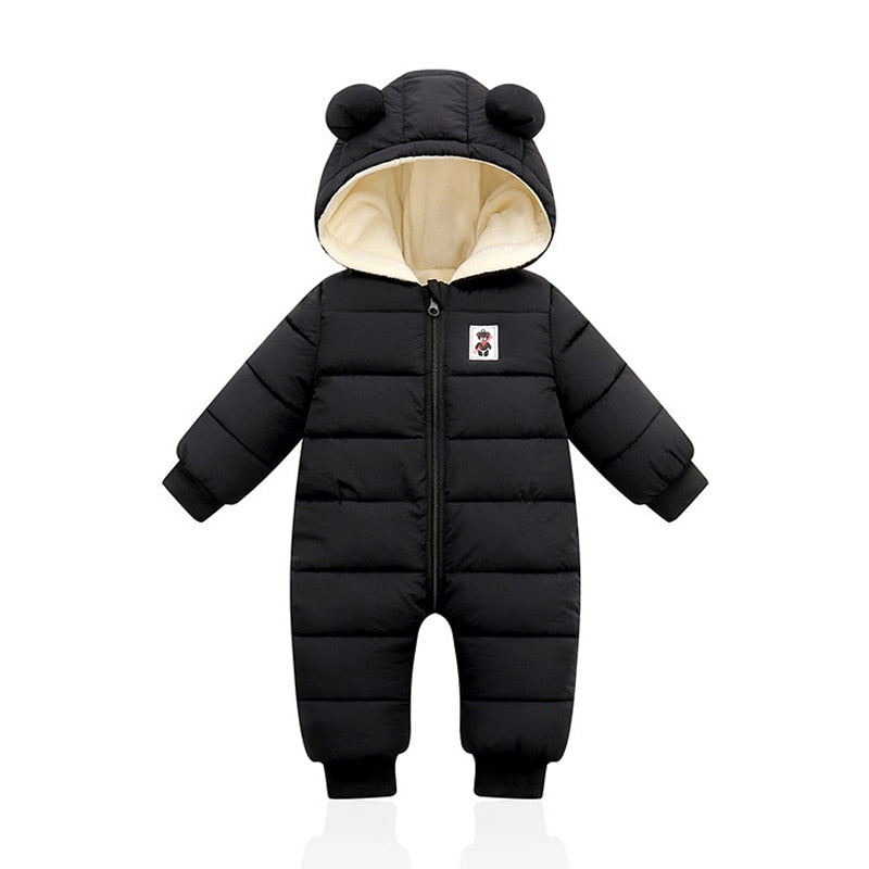 Süßer Unisex Baby Winter Strampler mit Kapuze & lustigen Bärenohren. Gemütliche Babykleidung für Neugeborene.