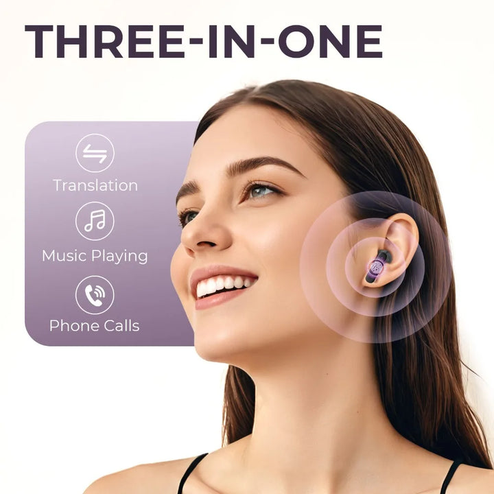 Person trägt Avelora Touchscreen Earbuds, perfekt für Sprachübersetzung, Reisen & ungestörte Gespräche.