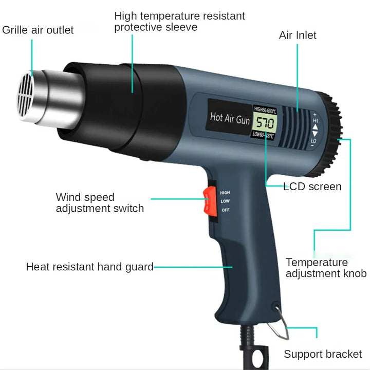 Professionelles 2000W Industrie-Heißluftgebläse ProTherm für präzise Hitzearbeiten und Werkstattanwendungen.