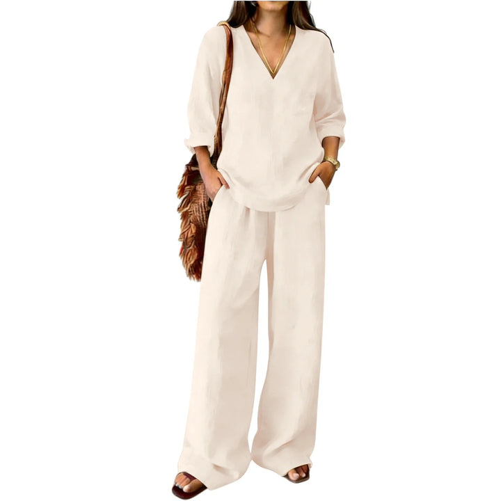 Vielseitiger Damen Leinen Zweiteiler Set, V-Ausschnitt, ideal als lässiges Sommer Outfit oder stilvolle Strandmode.