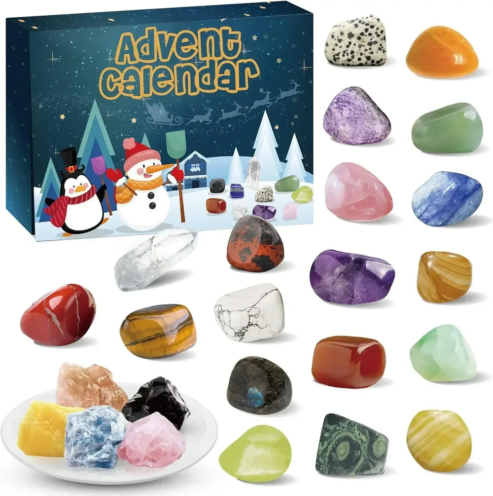 Geöffneter Adventskalender präsentiert bunte Edelsteine und glitzernde Kristalle hinter den Türchen.