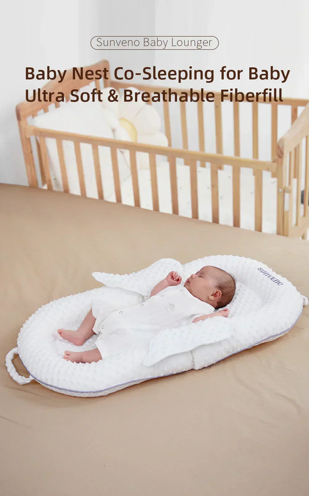 Atmungsaktives Babynest aus Mesh mit ergonomischer Rückenstütze. Waschbar für Hygiene, ganzjähriger Baby-Komfort.