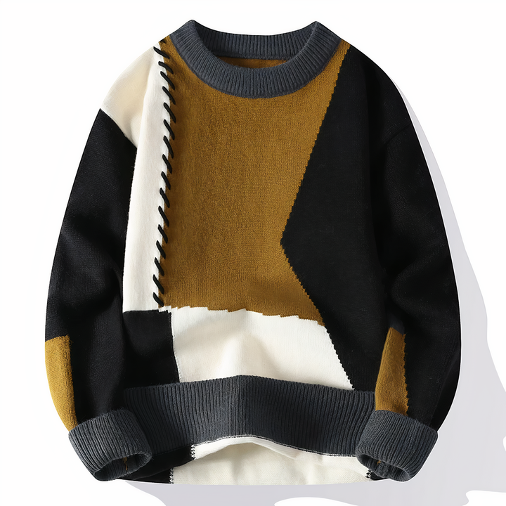 Herbstlicher Herren Patchwork Pullover. Stylischer Langarm-Winterpullover, bequeme Herrenmode für die Freizeit.