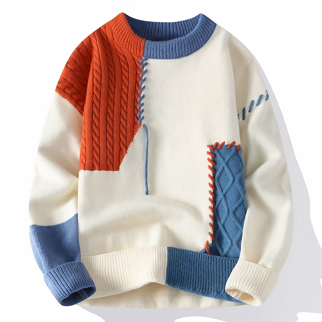 Bequemer Herren Patchwork Pullover. Stylisches Langarm-Oberteil in Herbstmode für Männer, ideal als Winterpullover.