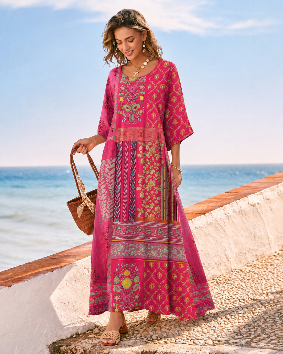 Damen Boho Maxikleid in leuchtendem Magenta mit farbenfrohem Muster, ideal als Sommer- oder Strandkleid.