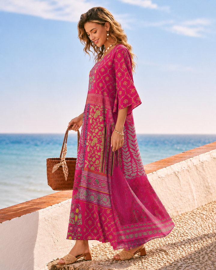 Komfortables, farbenfrohes Damen Maxikleid in Magenta mit langen Ärmeln, perfekt als bequemes Sommerkleid.
