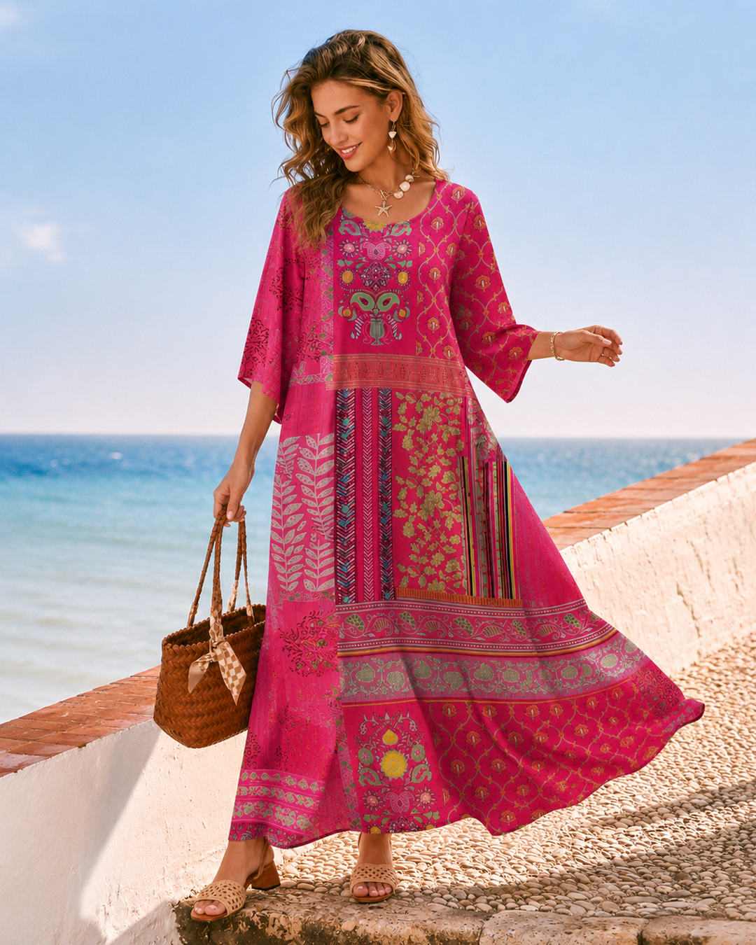 Elegantes Damen Langarm-Maxikleid im Boho-Stil in Magenta, vielseitig als Freizeit- oder festliches Kleid.