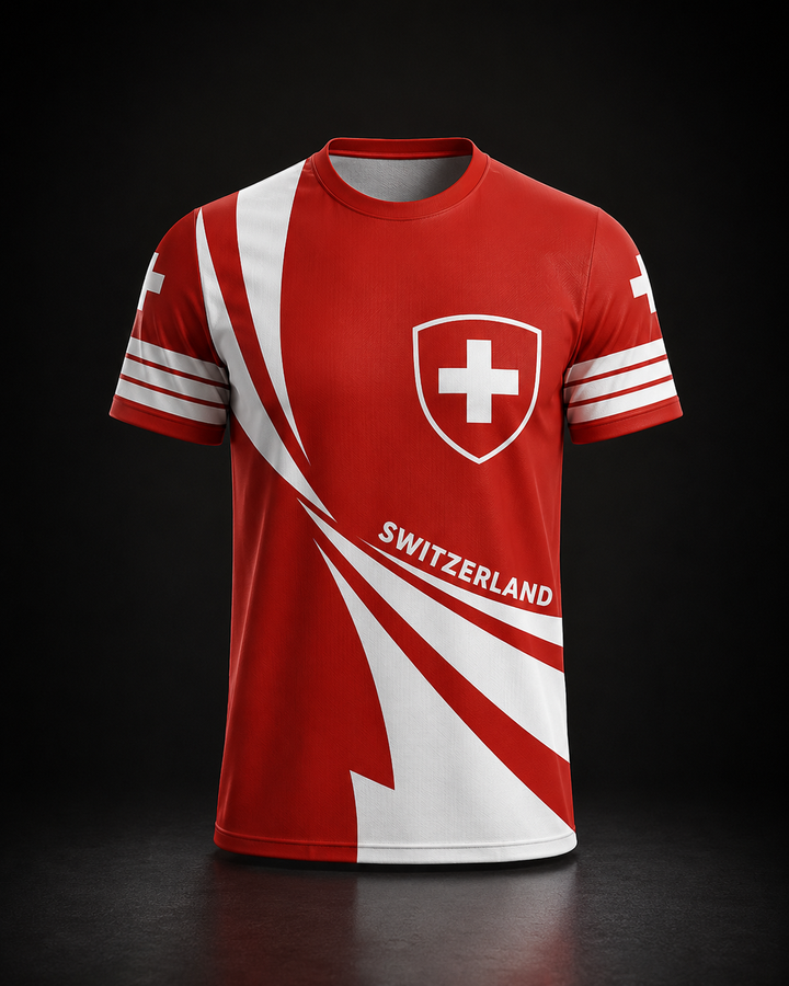 Nahaufnahme: Herren Fußball T-Shirt mit präziser Schweizer Flagge. Hochwertiger Stoff, angenehm zu tragen.
