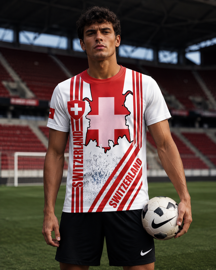 Modernes Herren Fußball T-Shirt mit Schweizer Flagge. Weicher Stoff für höchsten Tragekomfort im Sommer.