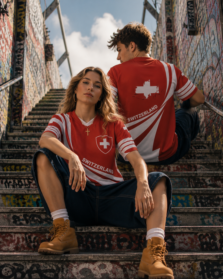 Rotes Herren T-Shirt mit weißem Schweizer Kreuz. Vielseitig für Sport, Freizeit & als komfortabler Fanartikel.