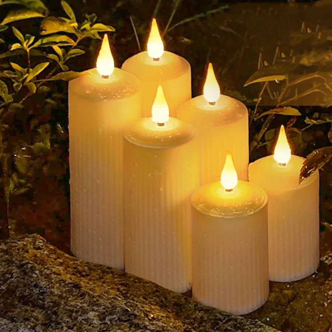 Wasserdichtes LED-Stumpenkerzen-Set mit realistischer Flamme und Fernbedienung für Innen- & Außenbereich.
