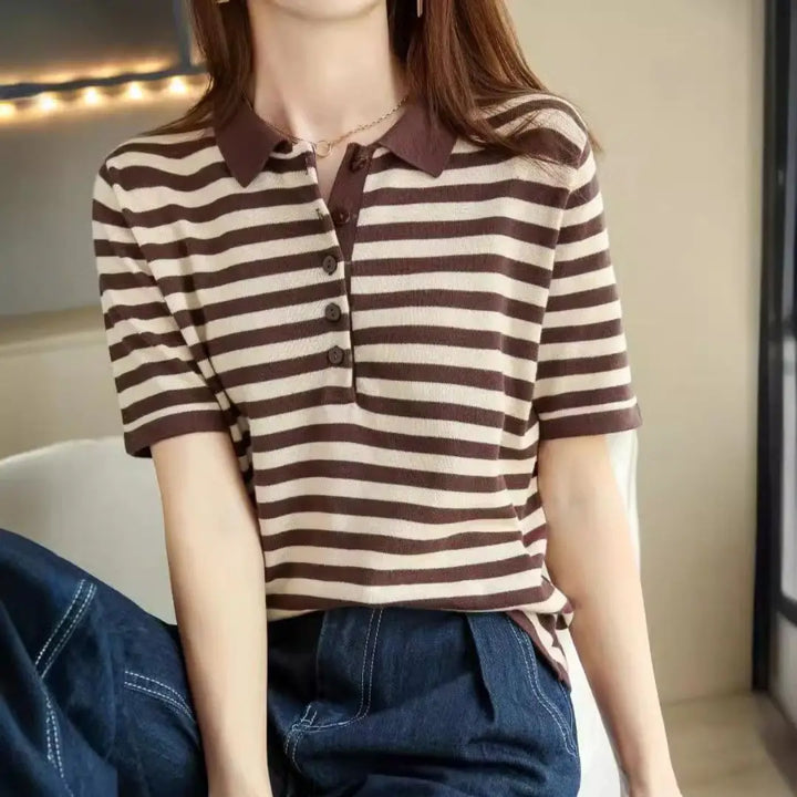 Damen Poloshirt, gestreift, mit Knopfleiste. Klassisches Sommer Oberteil für Damenmode, casual und elegant.