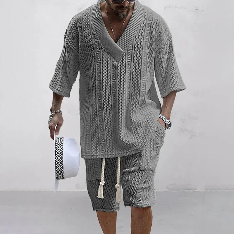 Stylisches Herren Freizeit Set, Zweiteiler mit V-Ausschnitt Kurzarm Shirt & Shorts. Leichte casual Sommerkleidung.