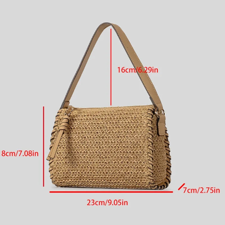 Dame trägt geflochtene Damen Schultertasche, stilvolles Accessoire für den urbanen Look, ganzjährig tragbar.