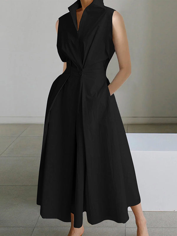 Schwarzes elegantes Damen Hemdkragenkleid, stilvolles Midikleid für Business. Zeitloses Herbstkleid für Frauen.