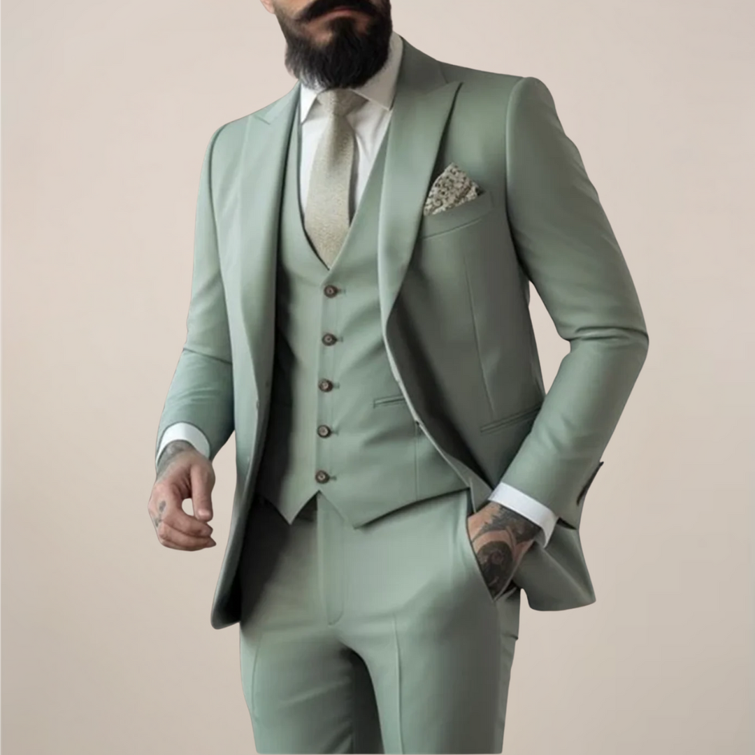 Stilvoller salbeigrüner Herren Dreiteiliger Anzug, leicht für Frühling/Sommer. Ideal für Business & Hochzeiten.
