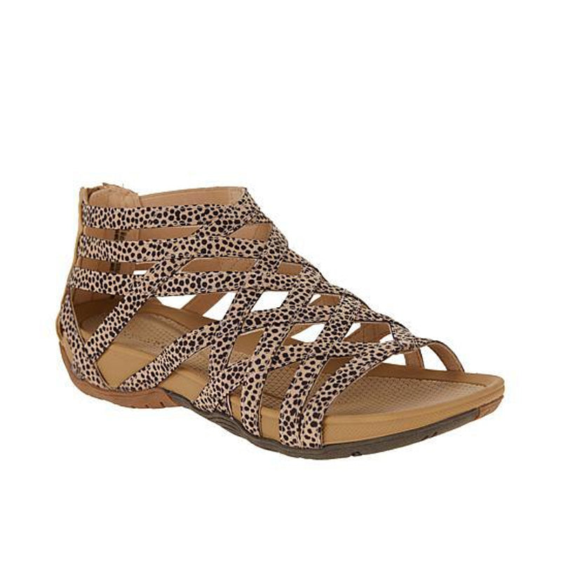 Bequeme Damen Sandalen im Gladiator-Stil, flach und mit schweißabsorbierender Sohle für optimalen Tragekomfort.
