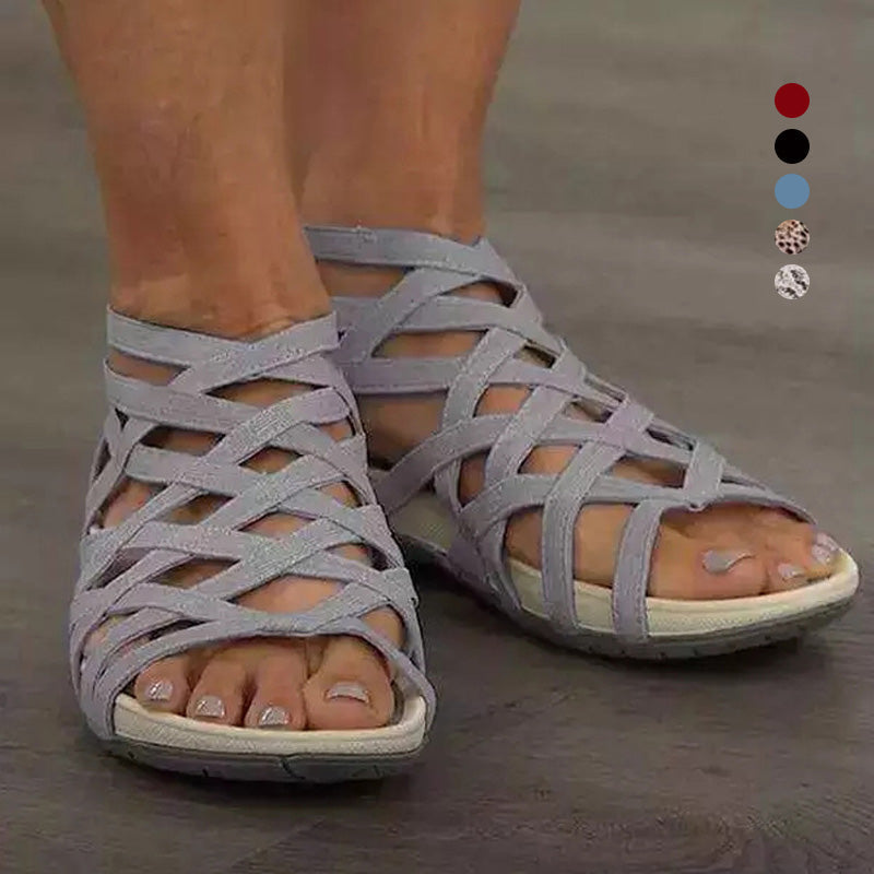 Schwarze Damen Gladiator Sandalen, stylisch und bequem. Flache Riemchensandalen mit schweißabsorbierendem Fußbett.