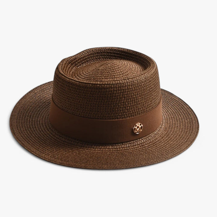 Runder Damen Strohhut mit extra breiter Krempe für maximalen UV-Schutz am Strand und im Garten.