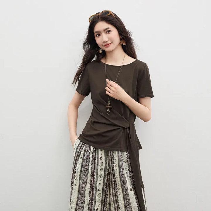 Trendiges Damen Kurzarmshirt mit Wickeldetail & Rundhals für Komfort & Stil.
