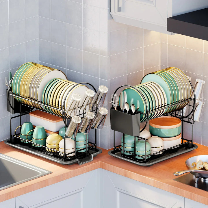 Rostfreier 2-stufiger Geschirrabtropfständer mit Abtropfbrett. Optimal für effiziente Organisation in der Küche.
