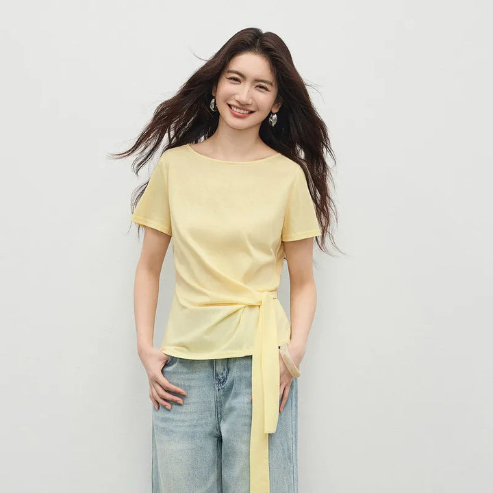 Damen Kurzarmshirt, Rundhals, Wickeldetail, Slim Fit – ein elegantes Oberteil für Damen.