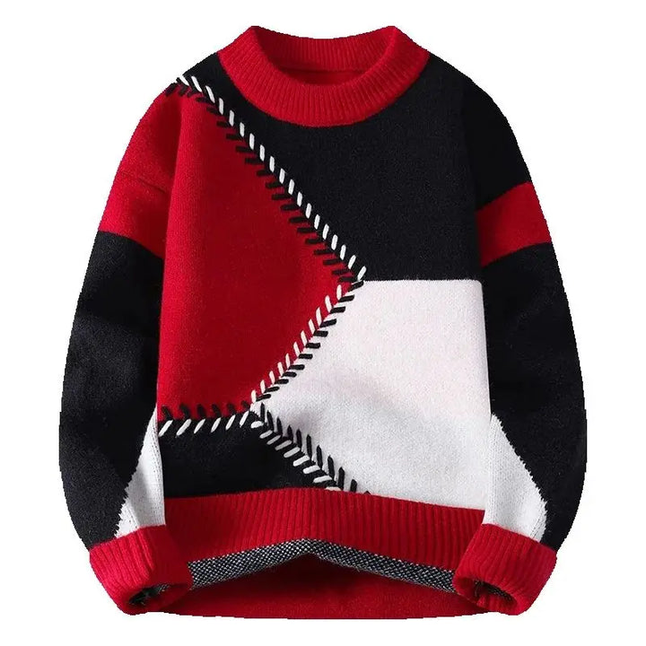 Moderner Herren-Pullover mit geometrischem Color-Blocking in Winterfarben. Perfekt für Freizeit & Lagenlook.
