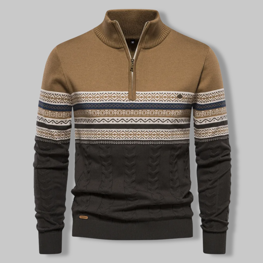 Eleganter Herren Strick-Zip-Pullover, gestreift, warm und modisch für kalte Wintertage.