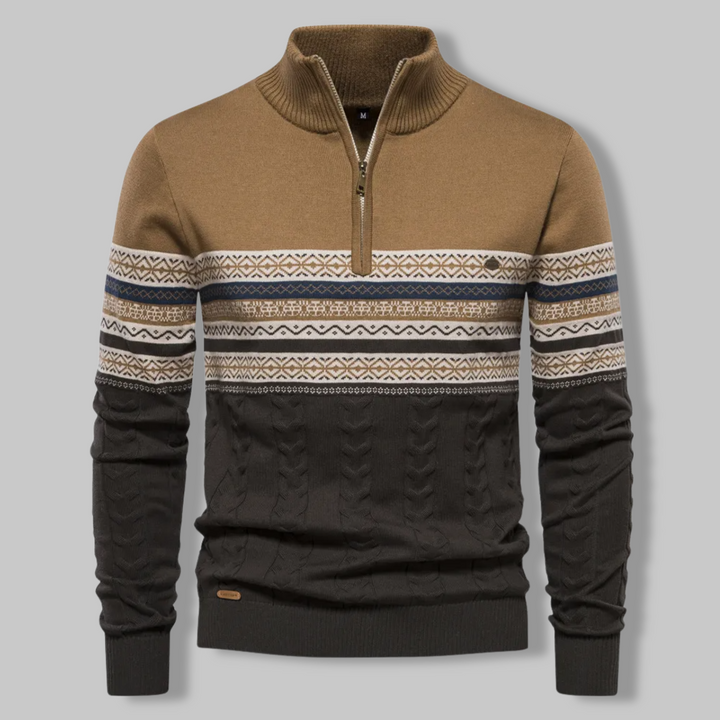 Eleganter Herren Strick-Zip-Pullover, gestreift, warm und modisch für kalte Wintertage.