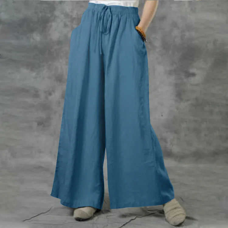 Elegante Damenhose mit weitem Bein und flexiblem elastischem Bund, perfekt für bequemen Style.