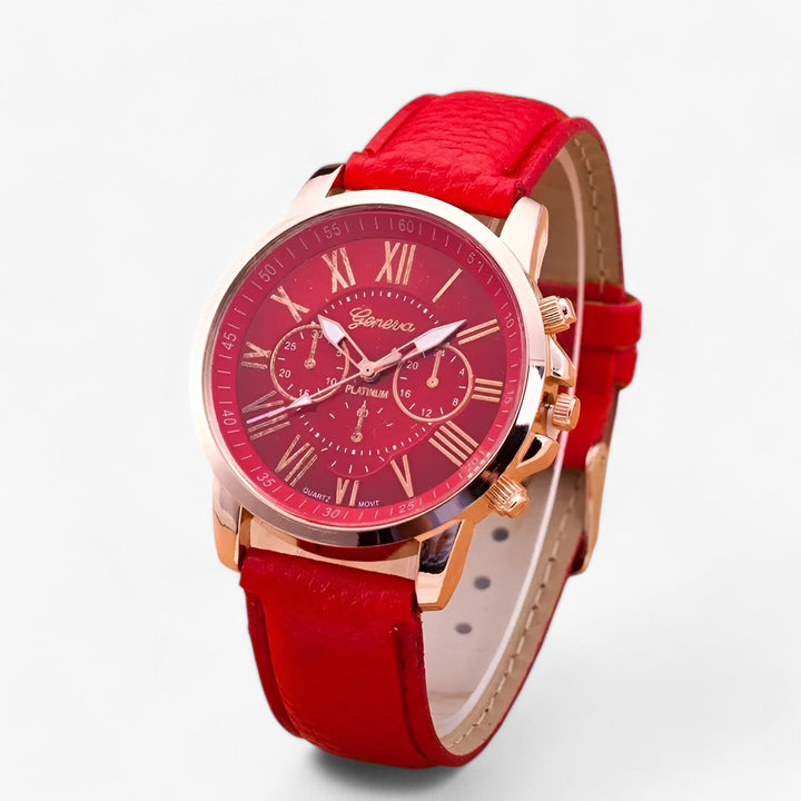 Klassische Armbanduhr für Damen mit hochwertigem Echtlederarmband und wasserdichtem Gehäuse.