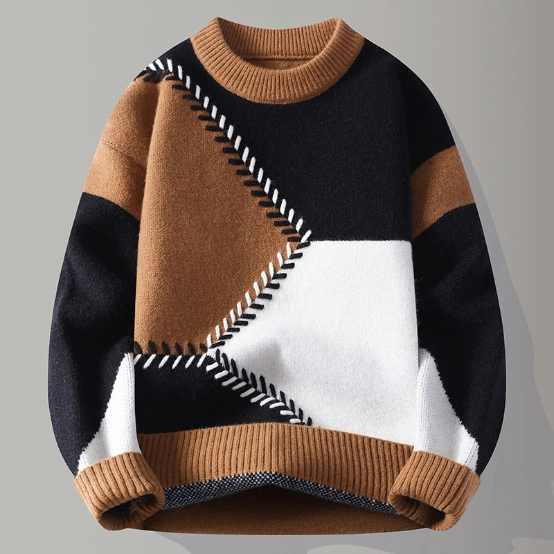 Herren-Pullover mit modernem geometrischem Color-Blocking-Design und geripptem Saum für Wintermode.