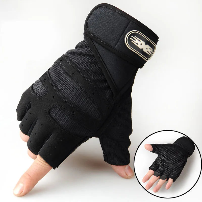 Schwarz-graue Unisex Fitnesshandschuhe mit Dämpfung & Handgelenkstütze für intensives Workout.