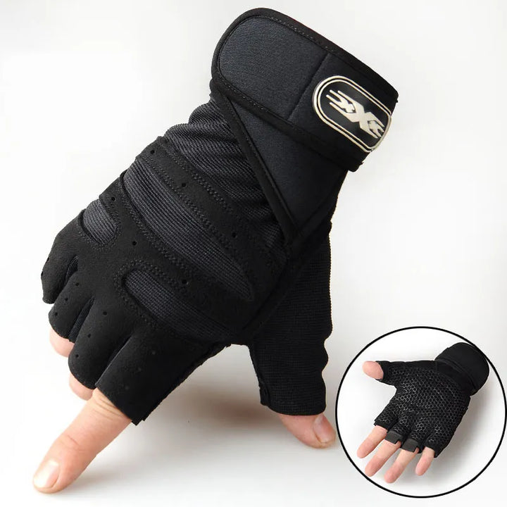 Schwarz-graue Unisex Fitnesshandschuhe mit Dämpfung & Handgelenkstütze für intensives Workout.