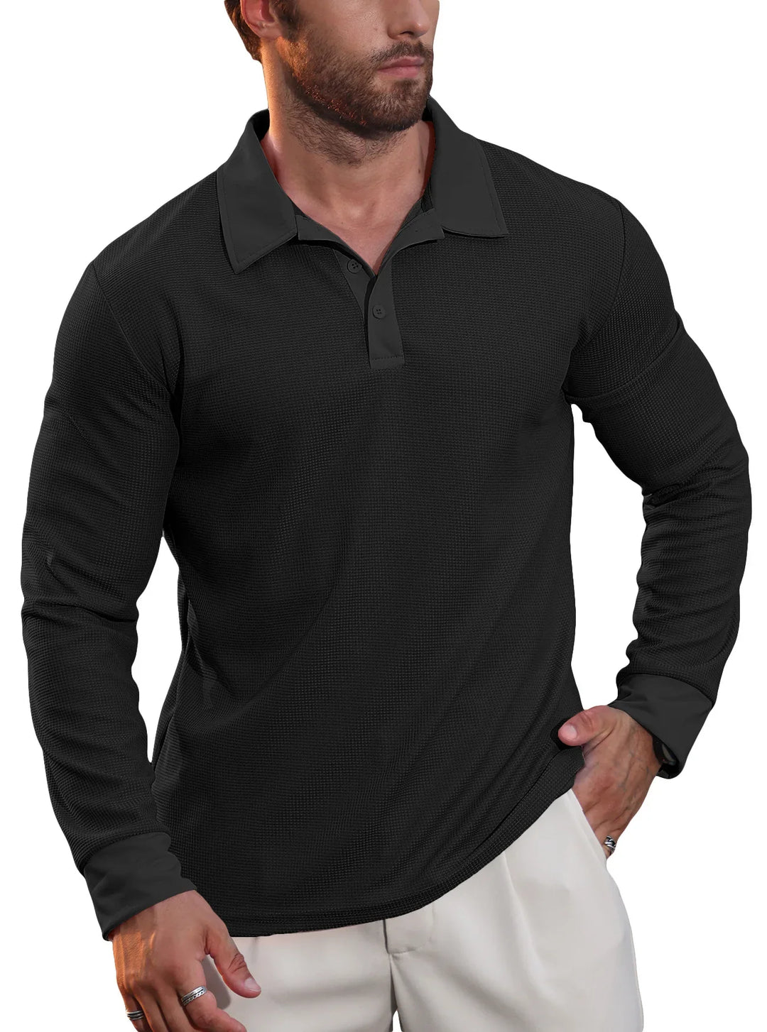 Herren Langarm Poloshirt, strukturiert, sportlich-elegant kombiniert, ideal für Freizeitlooks.