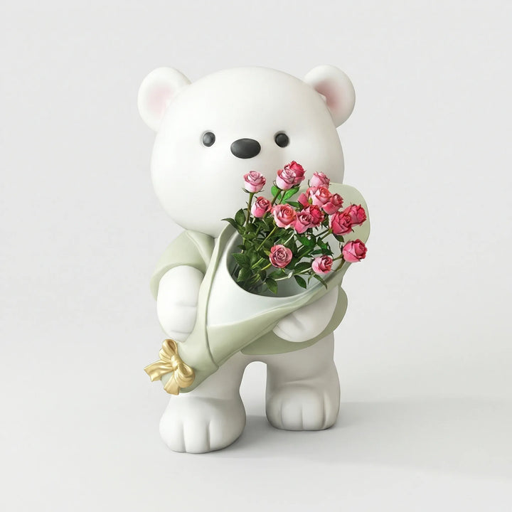 Liebevolle Bärchen Dekofigur mit Blumenstrauß. Originelle Geschenkidee für Freunde oder Familie.