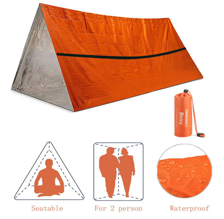 Orangefarbenes 2-Personen-Notzelt für Camping, Wandern und andere Outdoor-Survival-Abenteuer.