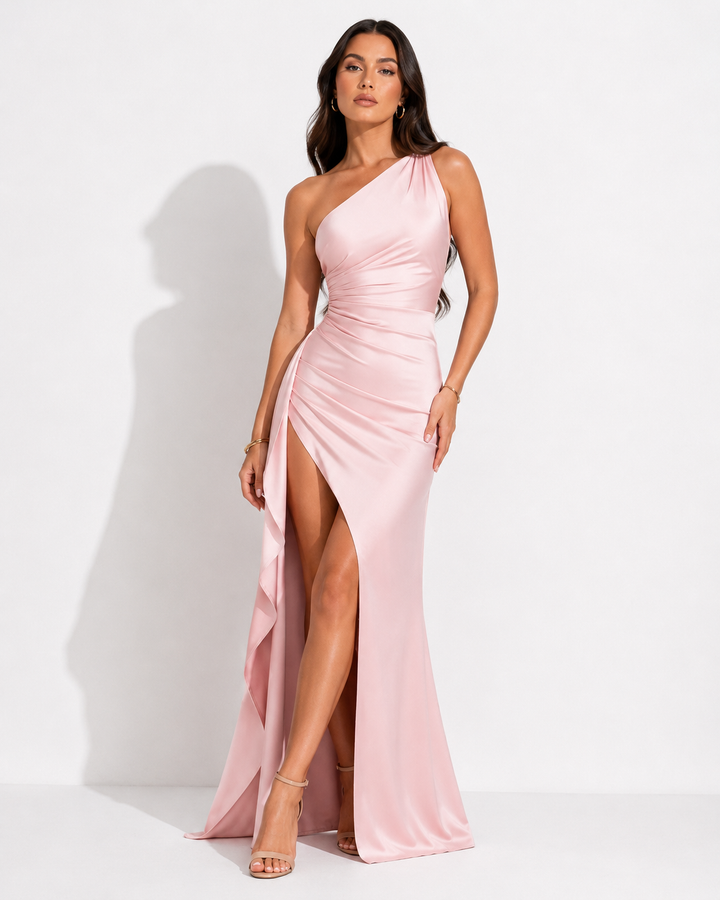 Stilvolles Damen One-Shoulder Sommerkleid, figurbetont und lang, ideal für elegante Events.