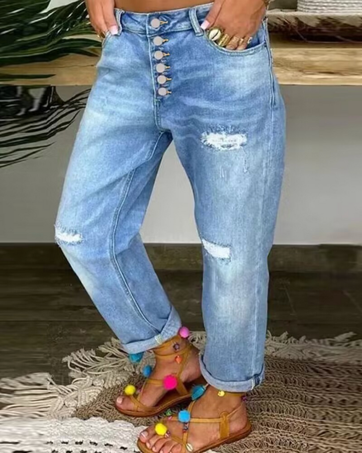 Bequeme Damen High-Waist Stretch Frühlingsjeans. Modische Freizeitjeans für stilvolle Alltagslooks im Frühling.