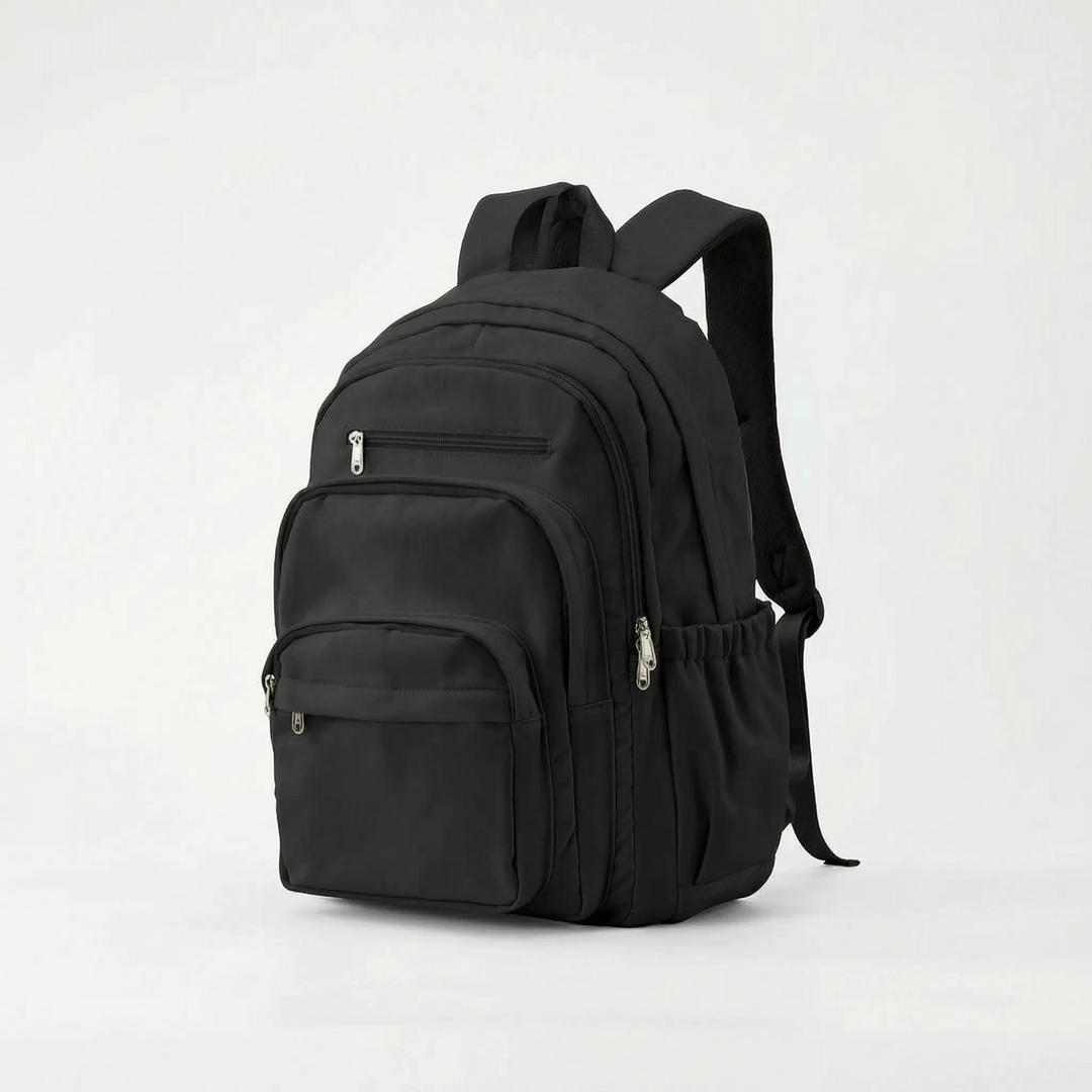 Leerer, grosser Schulrucksack 29L in Schwarz; zeigt das geräumige Hauptfach für Schulbedarf.