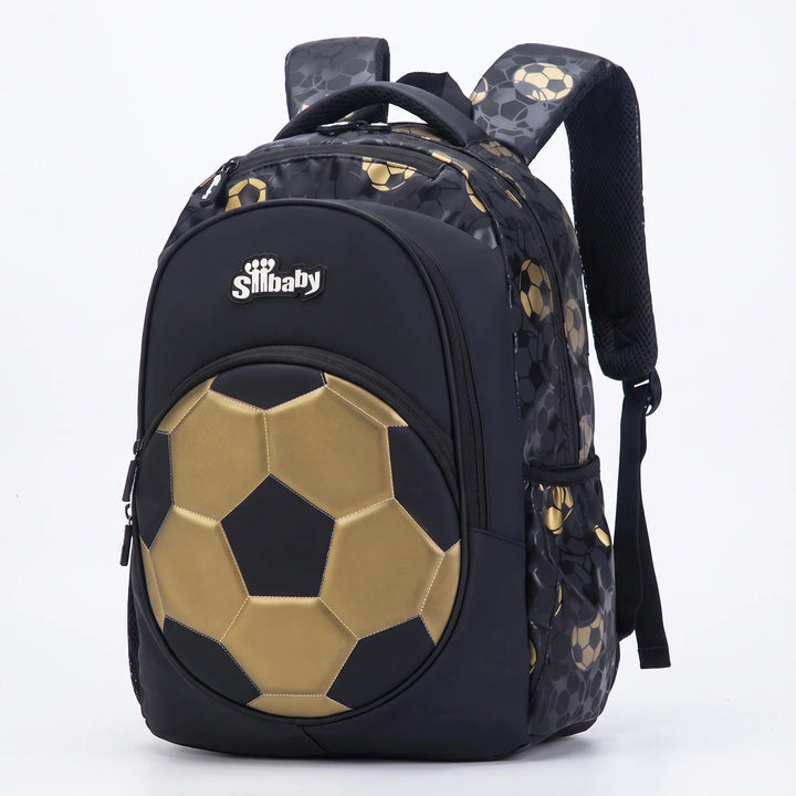 Schwarz-goldener Jungen Schulrucksack mit sportlichem Fußball-Design. Ergonomisch, perfekt für Schulanfänger.
