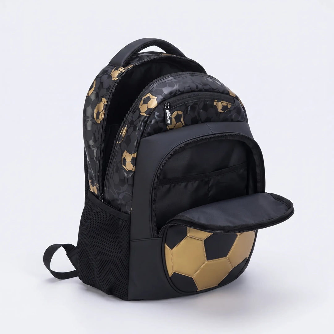 Ergonomischer Schulrucksack für Kinder mit Fußballmuster und passender Lunchtasche. Ideal für die Schule.