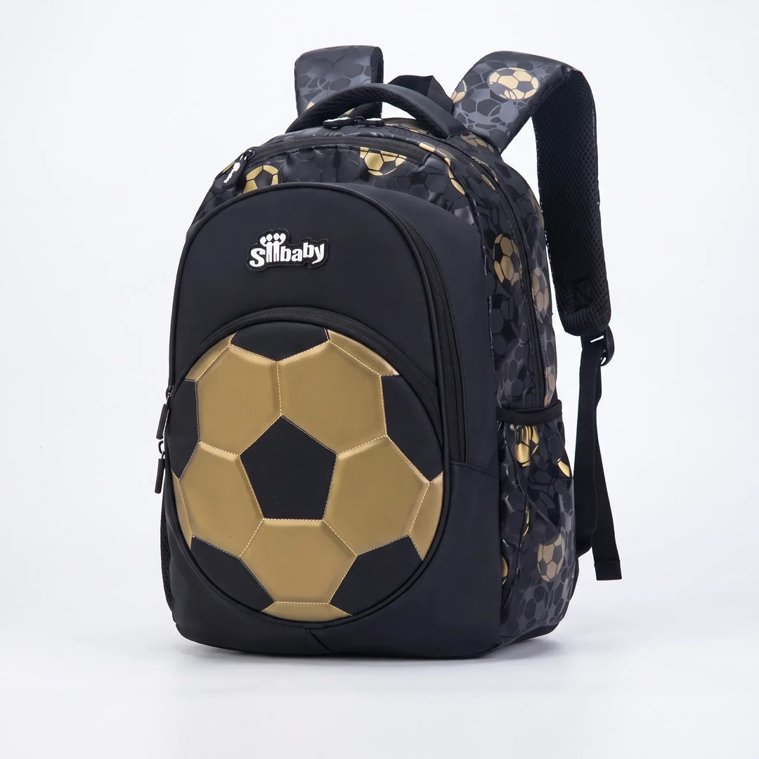 Ergonomischer Kinderrucksack mit Fußballmuster, gepolsterten Trägern für optimalen Komfort im Schulalltag.