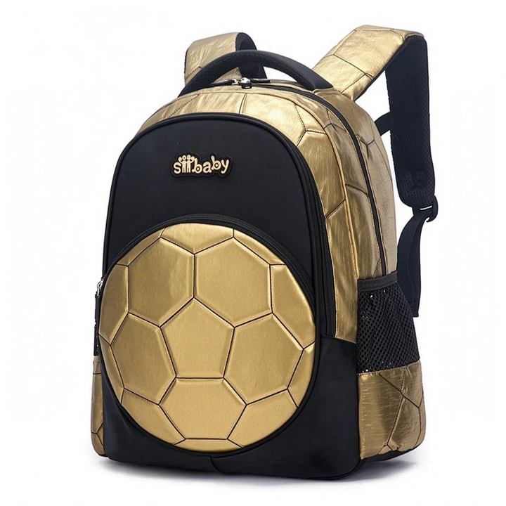 Cooler Jungen Schulrucksack mit Fußball-Design in Schwarz-Gold. Ergonomisch und geräumig, perfekt für die Schule.