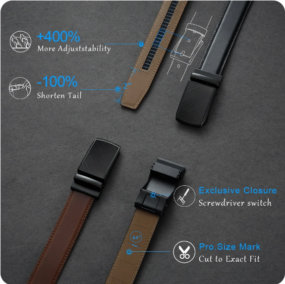 Brauner Ledergürtel für Herren mit automatischer Schnalle, stufenlos verstellbar für optimalen Komfort.