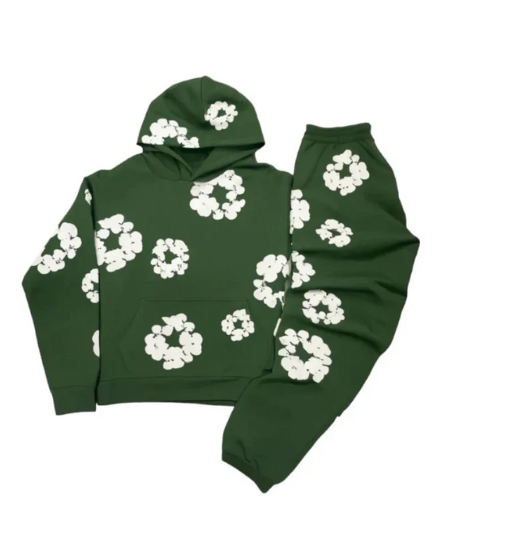 Ganzkörperansicht: Stilvoller Unisex Trainingsanzug mit Blumenprint. Ideal als Freizeit- & Sportbekleidung.